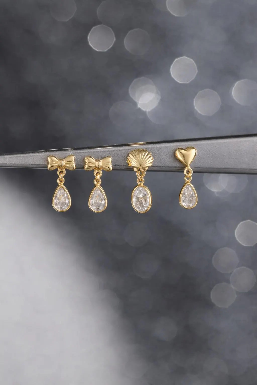 14k Gold Filled Minimalist Bow Shell and Heart Earrings · Diamond Drop Charm