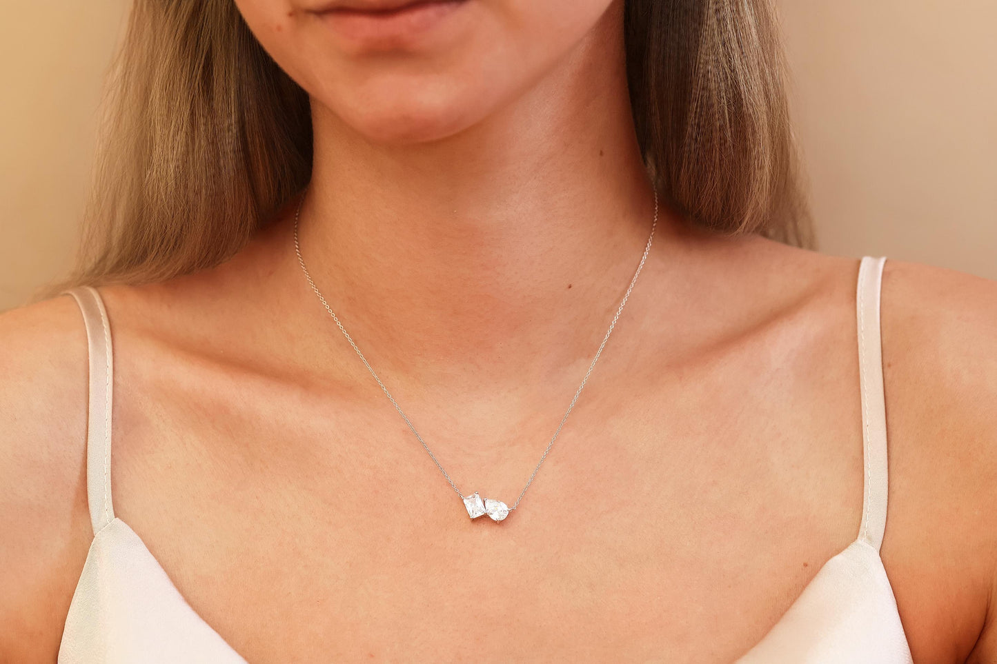 Toi et Moi Aesthetic Dainty Cubic Zirconia Necklace 925 Silver Gold · Pendant Necklace with Emerald Cut & Teardrop Gemstones