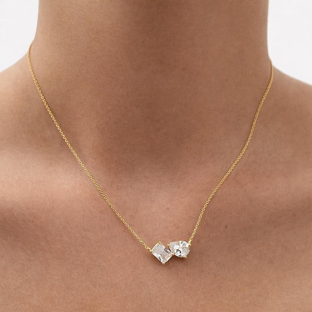 Toi et Moi Aesthetic Dainty Cubic Zirconia Necklace 925 Silver Gold · Pendant Necklace with Emerald Cut & Teardrop Gemstones