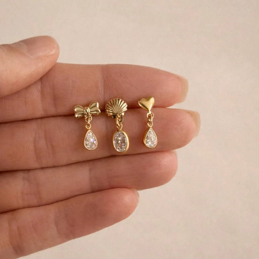 14k Gold Filled Minimalist Bow Shell and Heart Earrings · Diamond Drop Charm