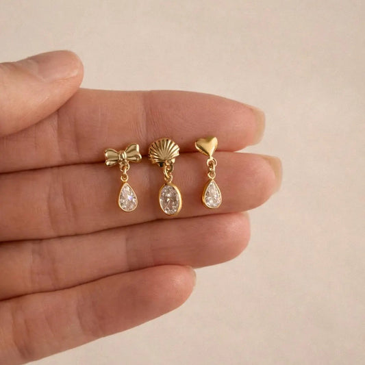 14k Gold Filled Minimalist Bow Shell and Heart Earrings · Diamond Drop Charm
