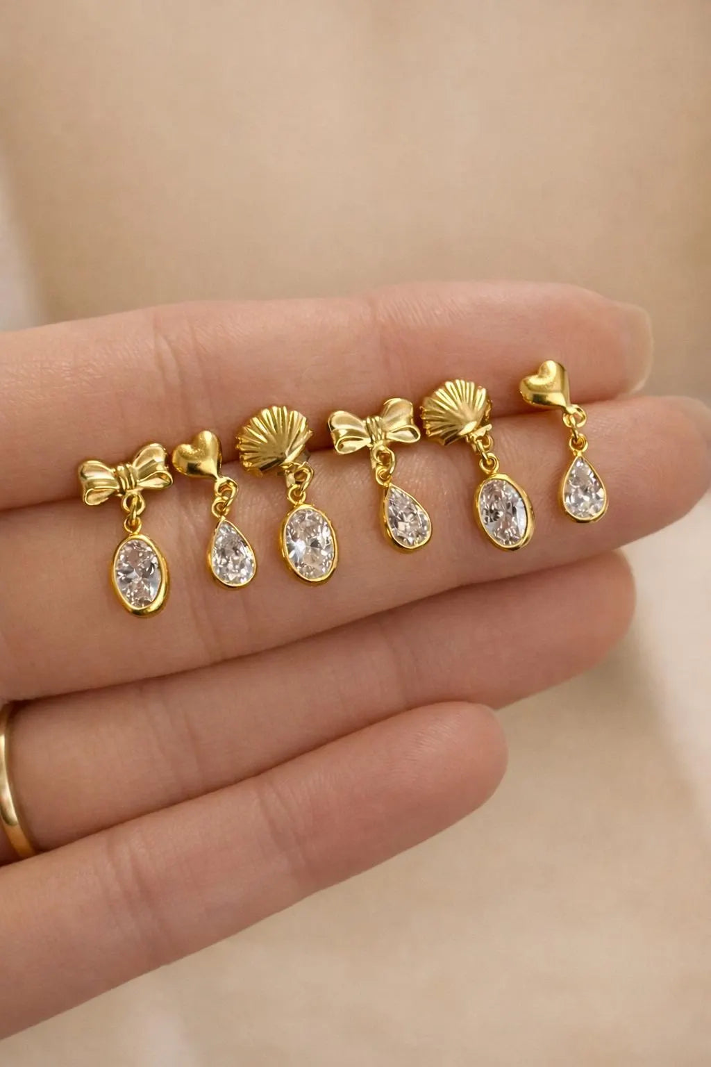 14k Gold Filled Minimalist Bow Shell and Heart Earrings · Diamond Drop Charm