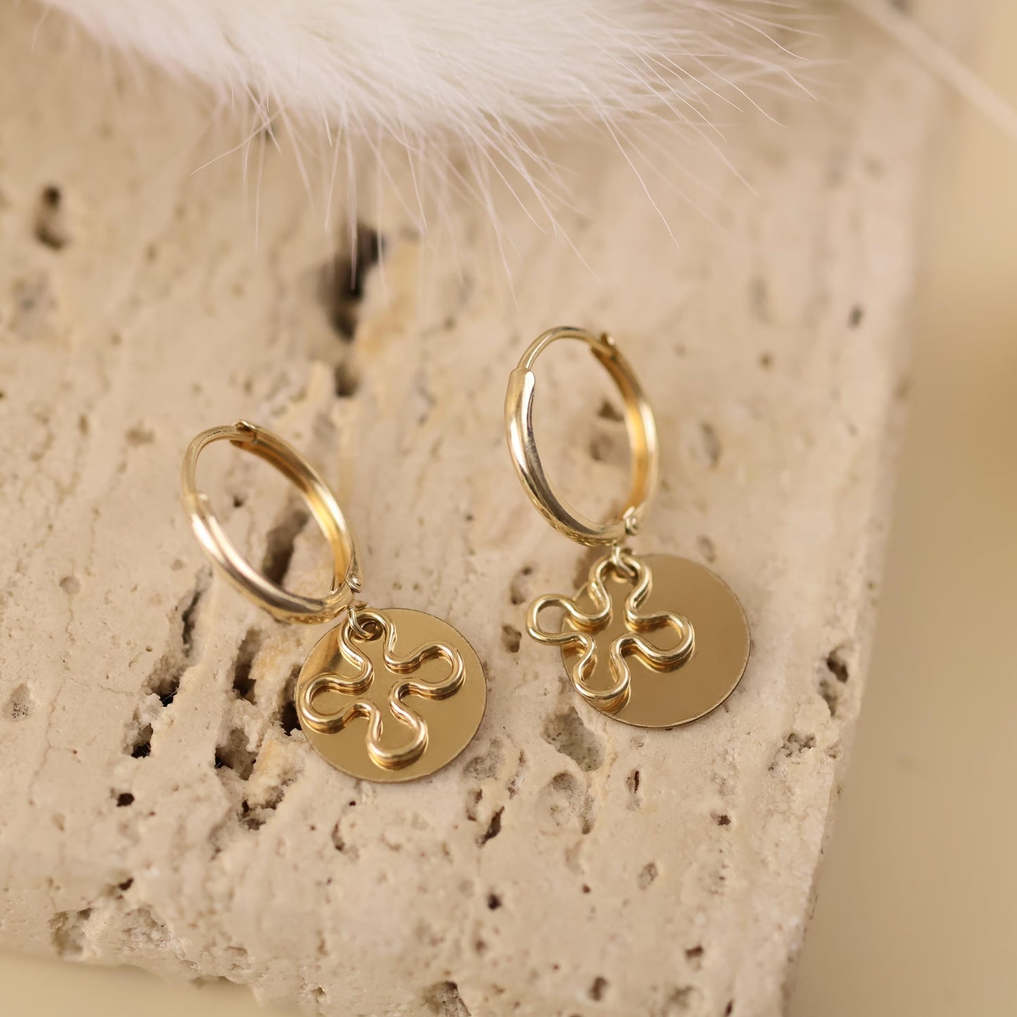 Waterproof Genuine All 14k Gold Filled Earrings · Round Disc With Flower Pattern Earrings With Secure Clasp