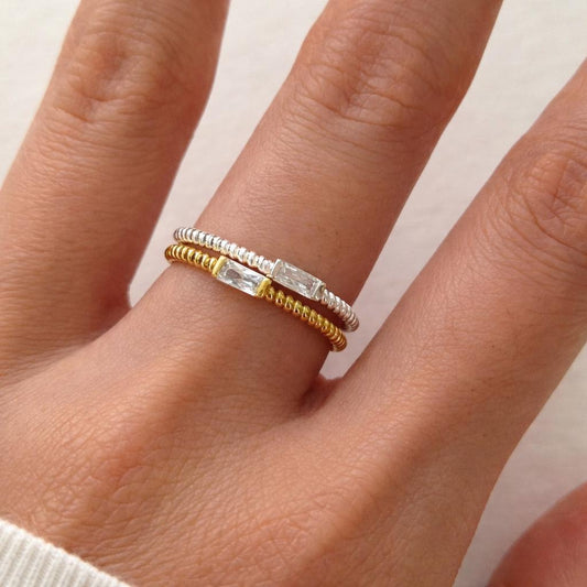 Dainty Baguette Ring in 925 Sterling Silver gold plated ∙ Fine Stackable rings ∙ 100% silver ∙ Sparkling Ring ∙ Thin Twisted Band Ring