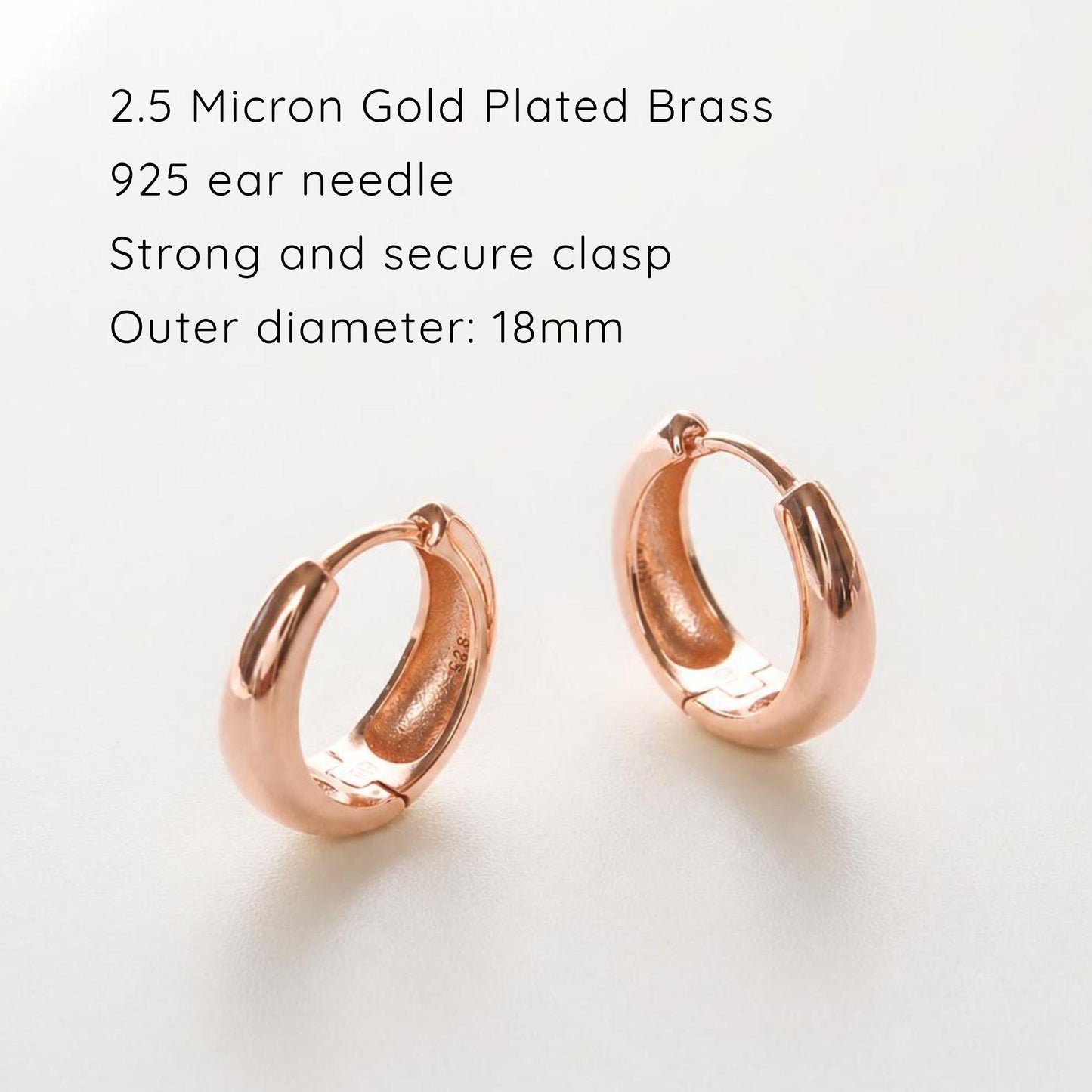 18mm Rose Gold Hoop Earrings · Thick 2.5 Micron Gold Plated Brass Hoops
