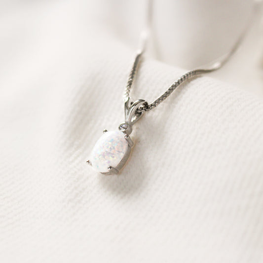 Opal Necklace in Genuine 925 Sterling Silver ∙ White Opal Drop Oval Charm Necklace
