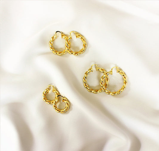 Boucles d'oreilles créoles dorées en or rempli 14 carats | Boucles d'oreilles épaisses audacieuses | Boucles d'oreilles créoles dorées torsadées | Durable et hypoallergénique