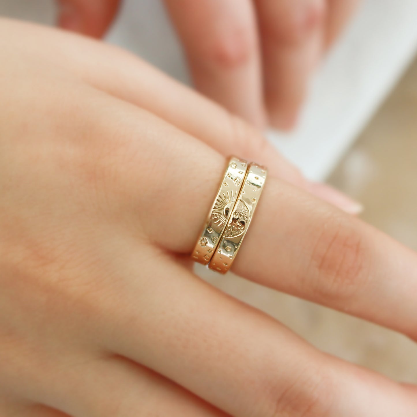 Sun Moon Star Couple Ring | Set of 2 band rings copper gold or silver | Engraved sun moon stars