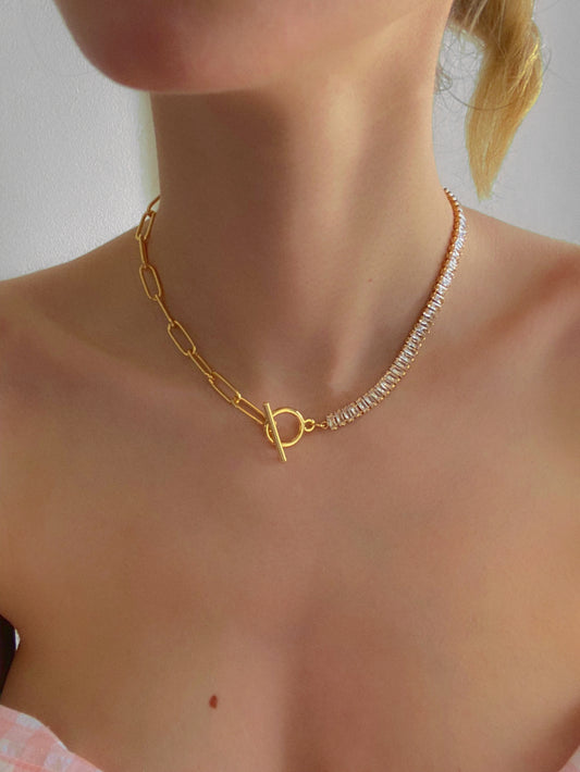 Half and half Baguette and chain ∙ Chunky gold necklace for women