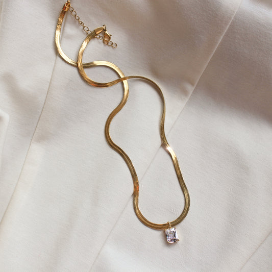 AVA - Gold Dainty Herringbone Necklace In Stainless Steel With Cubic Zirconia