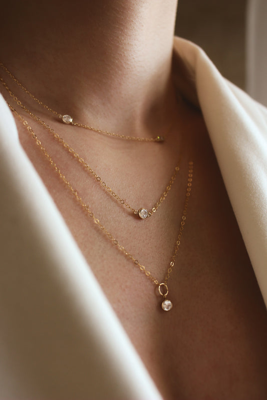 Minimalist small zirconia 14K Gold Filled necklace ∙ Clear Zircon Connector and dainty cable chain