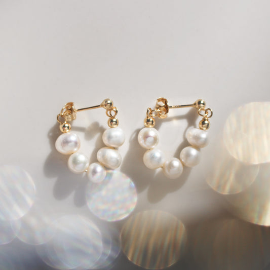 Boucles d'oreilles perle avant arrière en argent sterling S925 | Anneau de perles irrégulières dorées