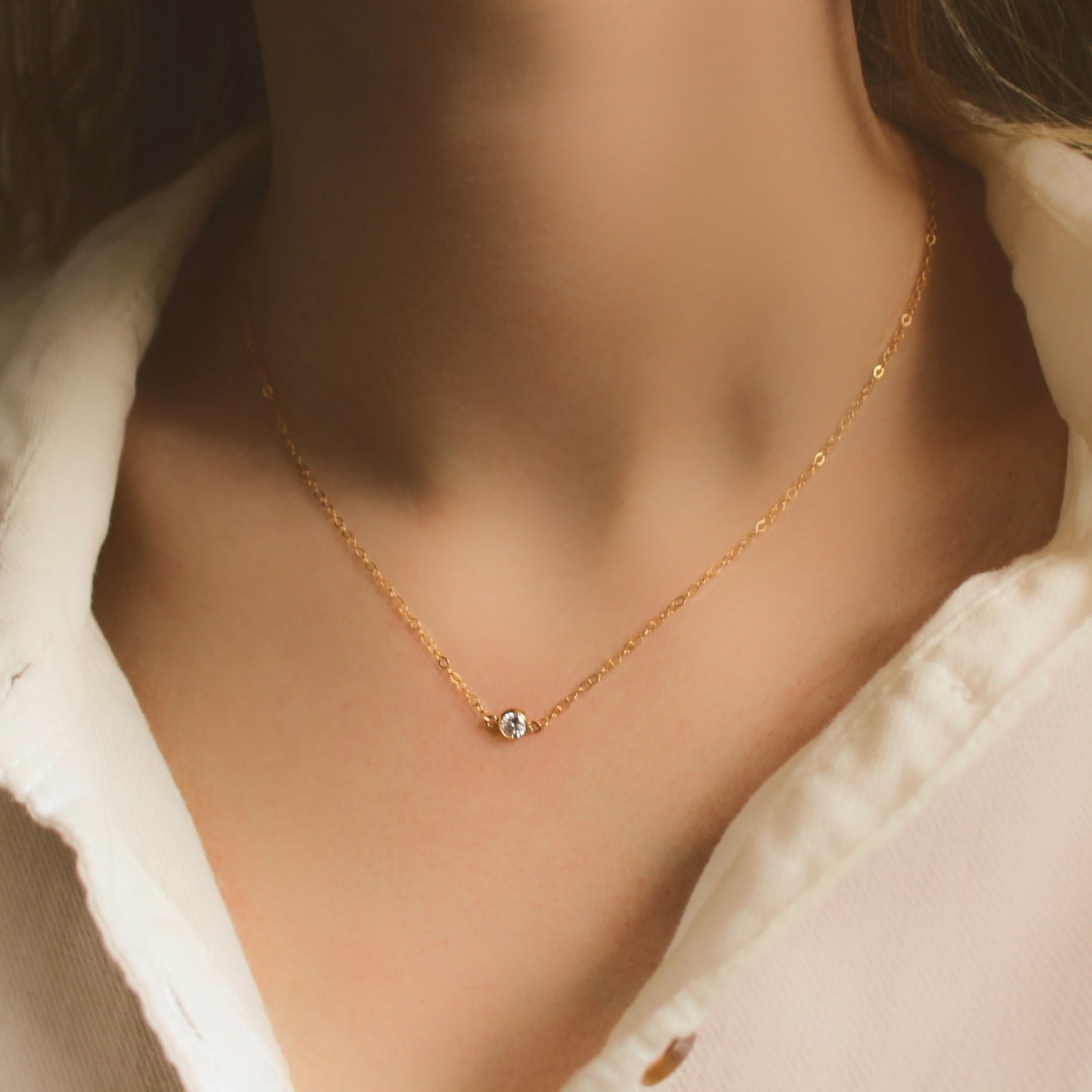 Minimalist small zirconia 14K Gold Filled necklace ∙ Clear Zircon Connector and dainty cable chain