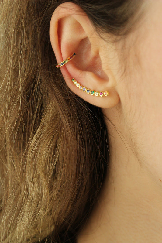 Gold or Silver Sterling 925 ring not pierced ∙ EarCuff gold and rainbow zircon ∙ earrings