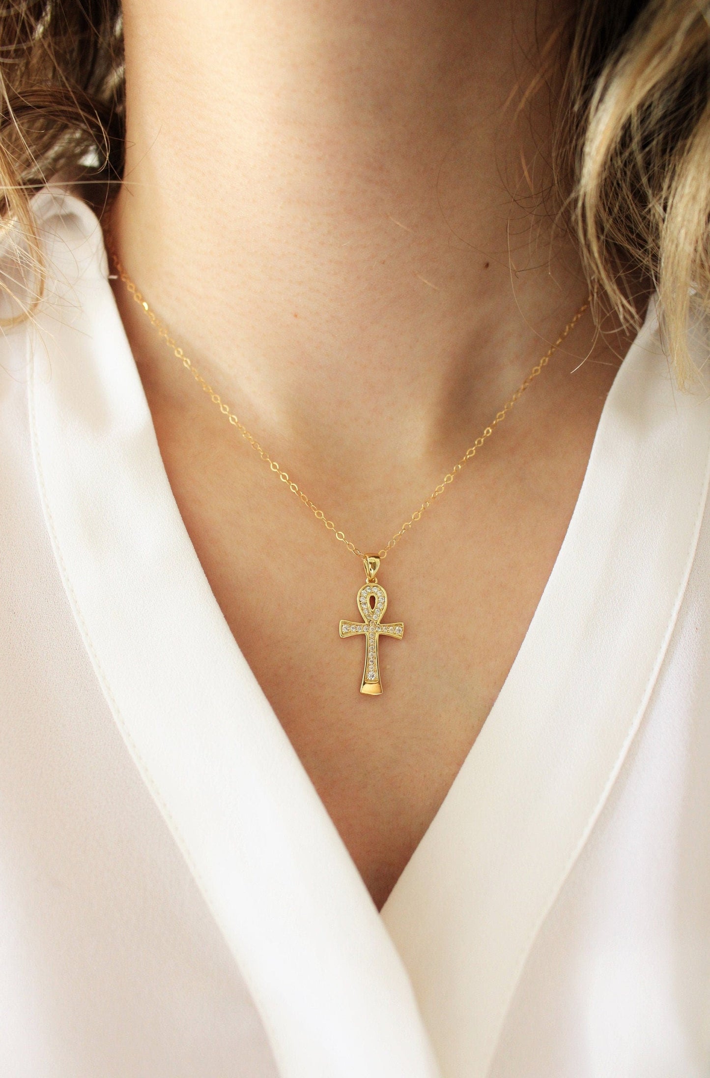 Ankh necklace ∙ Gold filled chain ∙ Paved charm cross zircon ∙ Ansated cross pantheon egypt ∙ 14x29mm