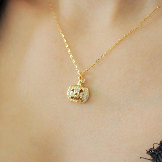 Pumpkin Face Necklace ∙ Cubic Zirconia Pendant Halloween Jack O Lantern