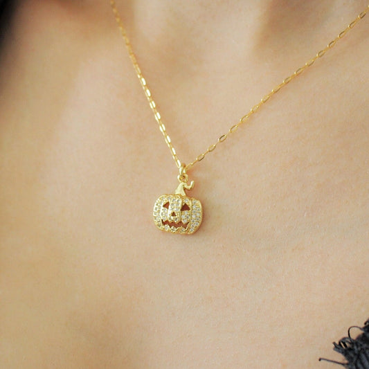 14K Gold Filled or sterling silver Pumpkin Face Necklace | Cubic Zirconia Pendant halloween Jack O Lantern | Gift