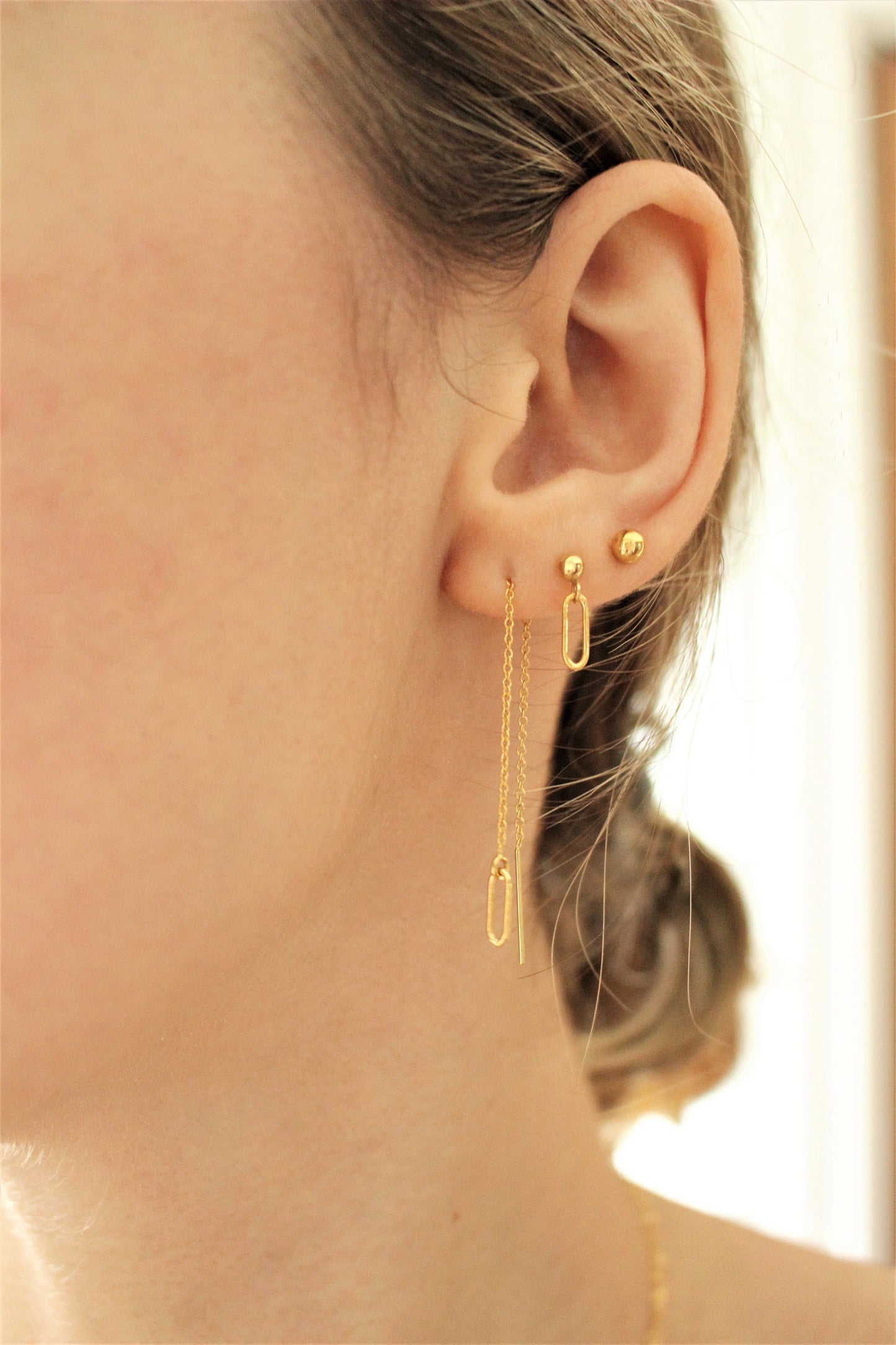 Boucles d'oreilles longues enfileur en 14kGF | Enfileur de chaîne | Chaîne de fils d'oreille à l'arrière | Boucles d'oreilles pendantes en or | Boucles d'oreilles longue chaîne