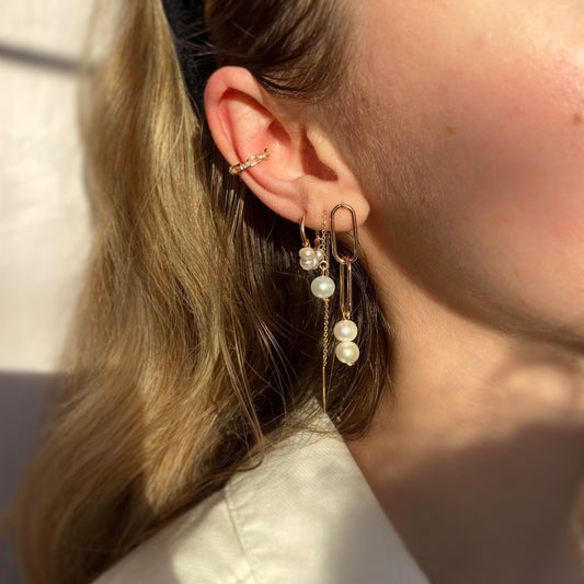 Boucles d'oreilles pendantes en perles - Boucles d'oreilles Long Threader Pearls en 14kGF | des boucles d'oreilles en or