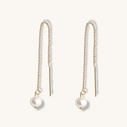 Dangling pearl earrings - Long Threader Pearls Earrings in 14kGF | gold earrings